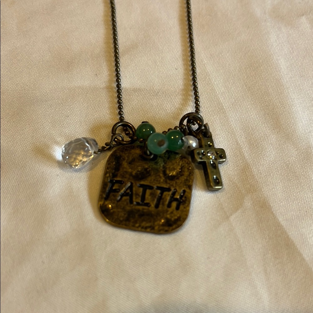 Faith Pendant Necklace with Cross and Beads - Bronze
